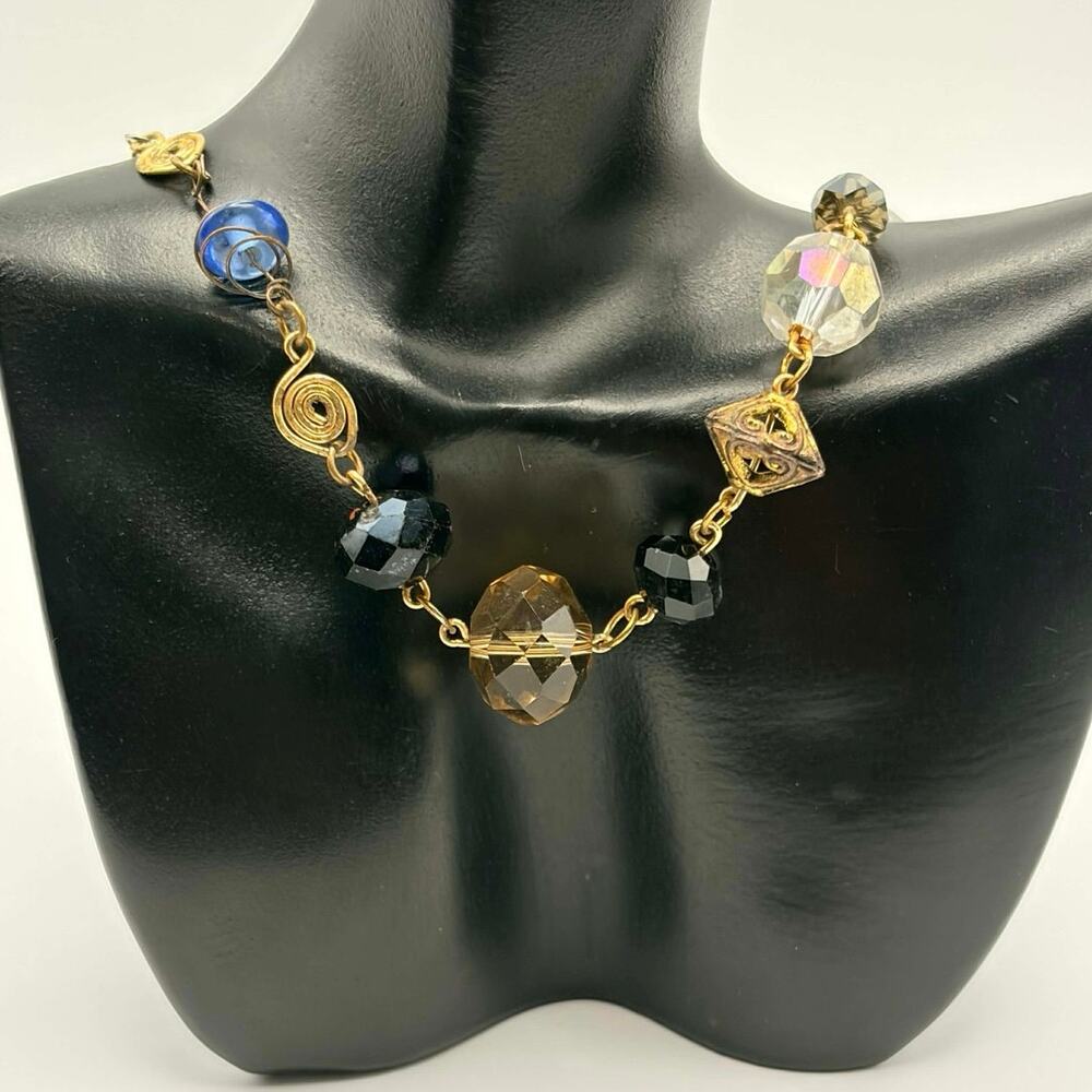 Gold & Blue Spiral Beaded Necklace